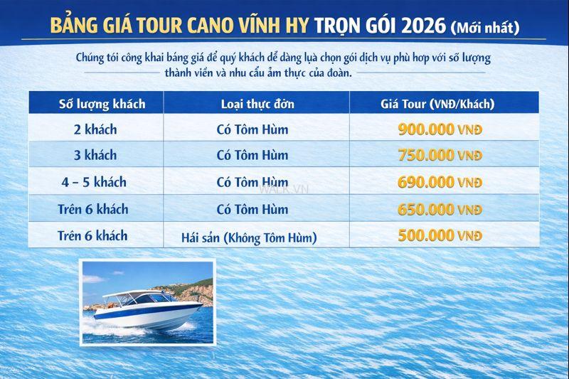 bảng giá tour cano Vĩnh Hy 2026 trọn gói mới nhất