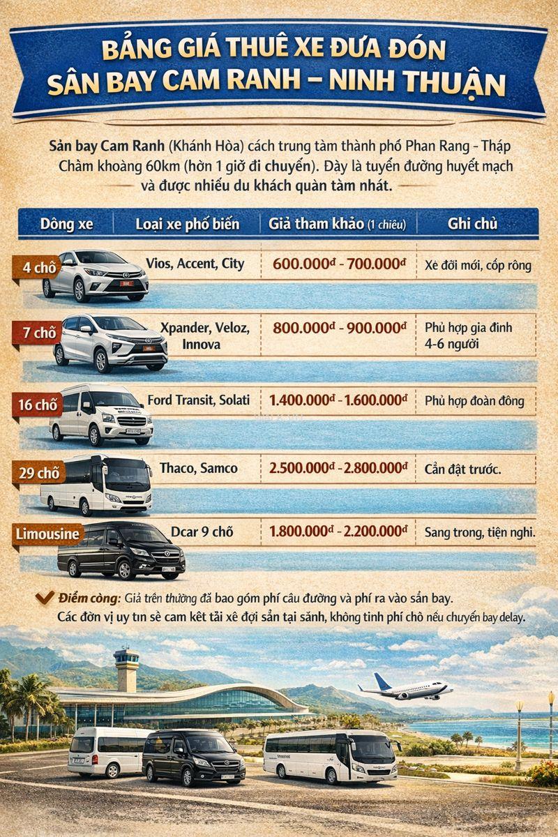 bảng giá thuê xe đưa đón sân bay Cam Ranh - Ninh Thuận